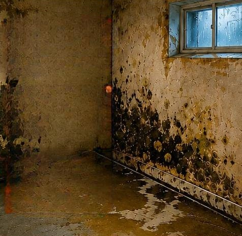 Basement wall covered in mold with standing water on the floor