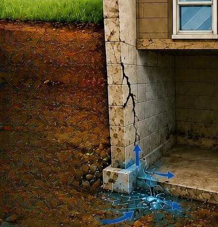 Cracked basement foundation wall showing soil pressure and water seepage