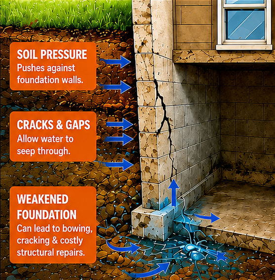 Cracked basement foundation wall showing soil pressure and water seepage