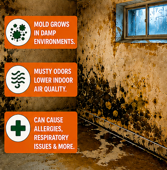 Basement wall covered in mold with standing water on the floor