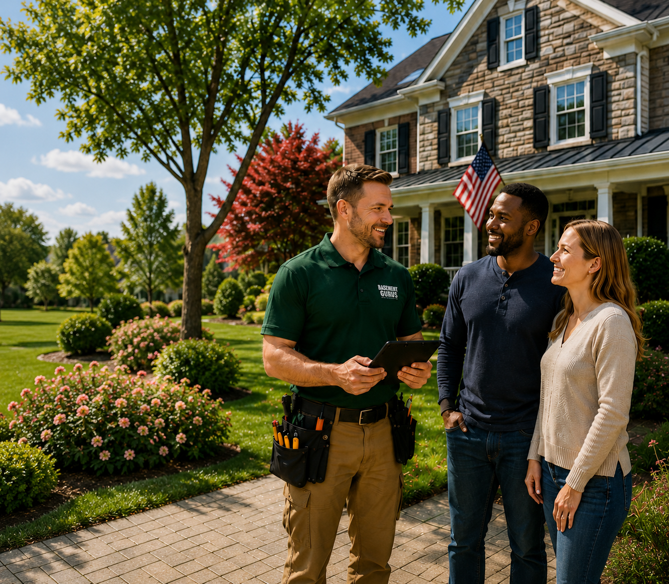 Basement Gurus technician consulting with Maryland homeowners
