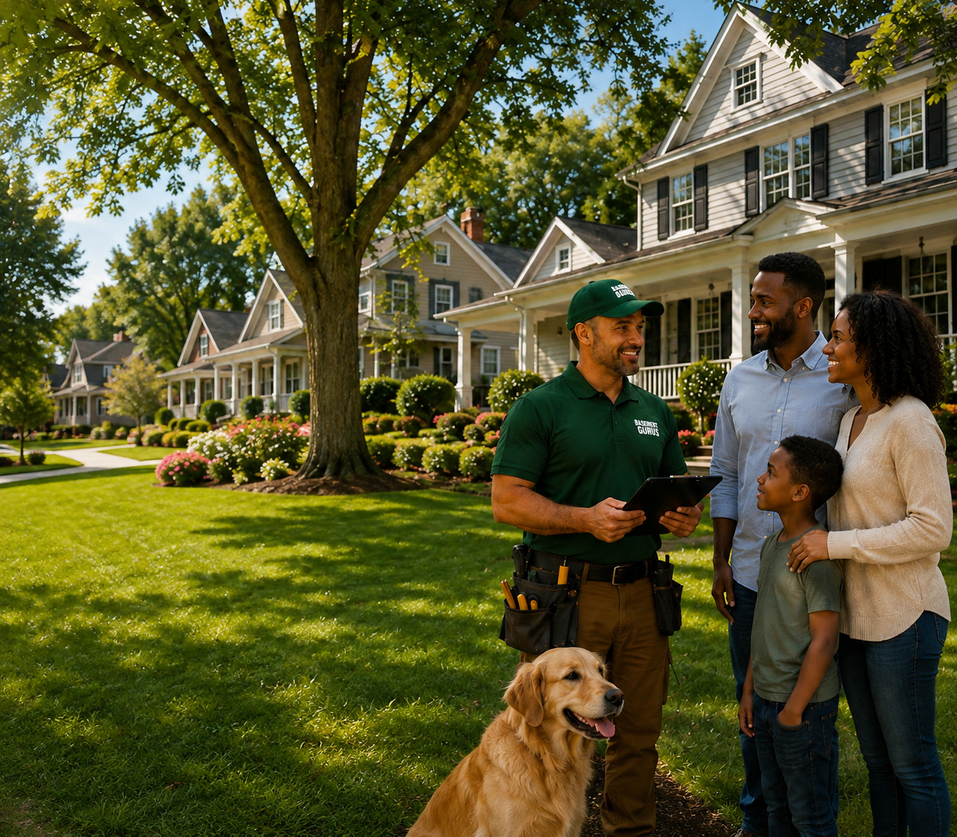 Basement Gurus technician consulting with Delaware homeowners