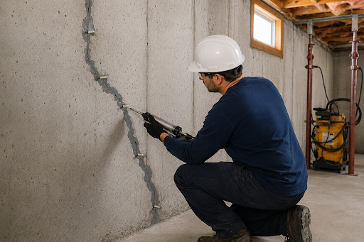 Contractor repairing a cracked basement foundation wall